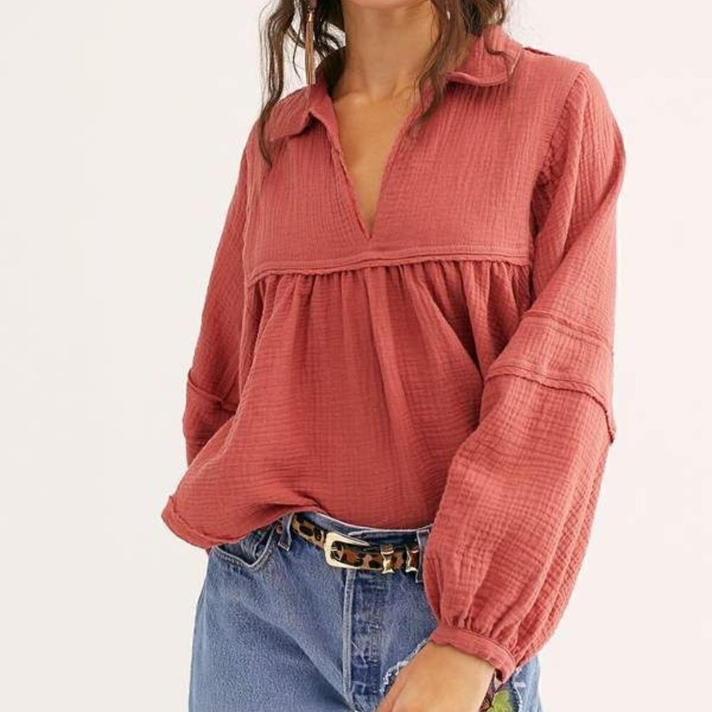 We The Free Free People Womens Size Small Silver Lining Shirt Pink V-Neck Collar